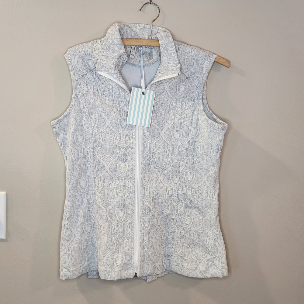 Ethyl Jacquard Peplum Vest Womens XS Blue NWT Damask Coastal Preppy Zip Up